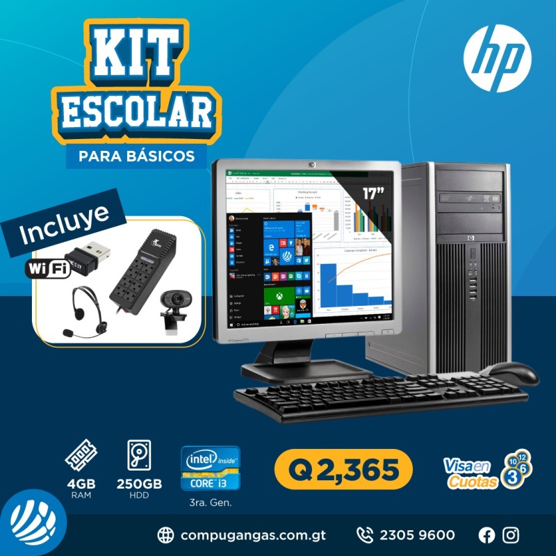 Kit Escolar # 3 para Básicos - Core i3 3ra. Gen. 4/250/17" - Cámara + Auricular + Antena Wifi + Regulado