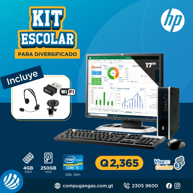 Kit Escolar # 1 para Diversificado - Core i5 2da. Gen. 4/250/17" - Cámara + Auricular + Antena Wifi