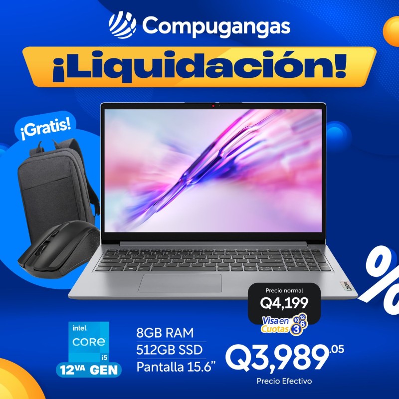 Lenovo IdeaPad 1 Core i5 12va. Gen. Pantalla 15.6", 8GB RAM, 512GB SSD 